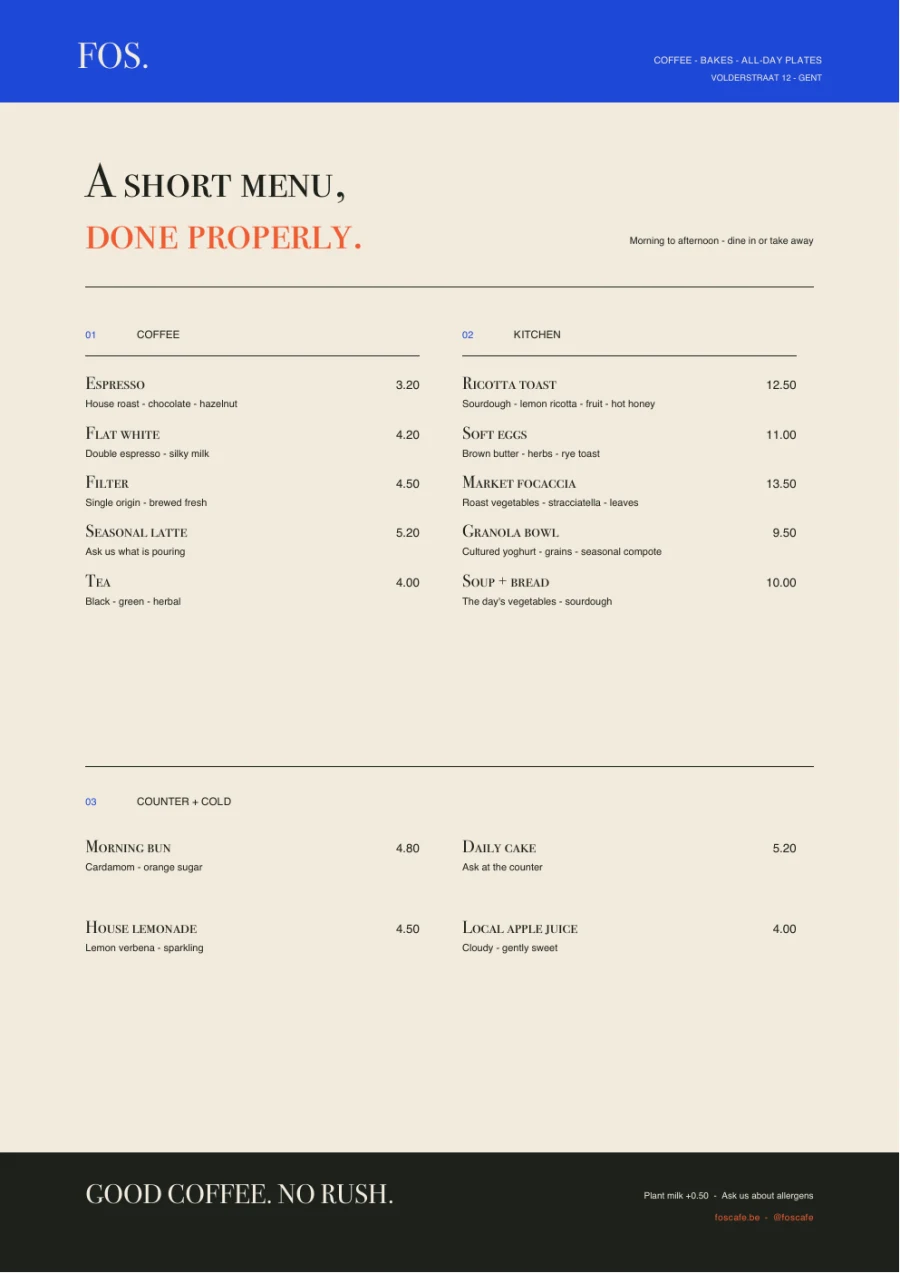 FOS A4 printed café menu in cobalt blue, warm red and oat