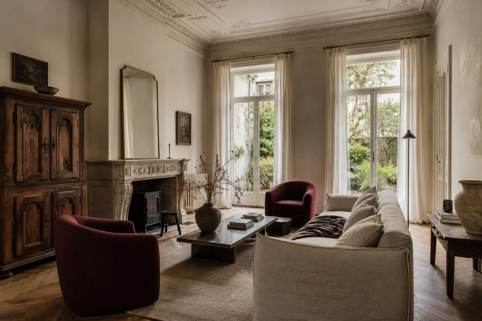 The principal salon with original mouldings, a stone fireplace and garden-facing windows
